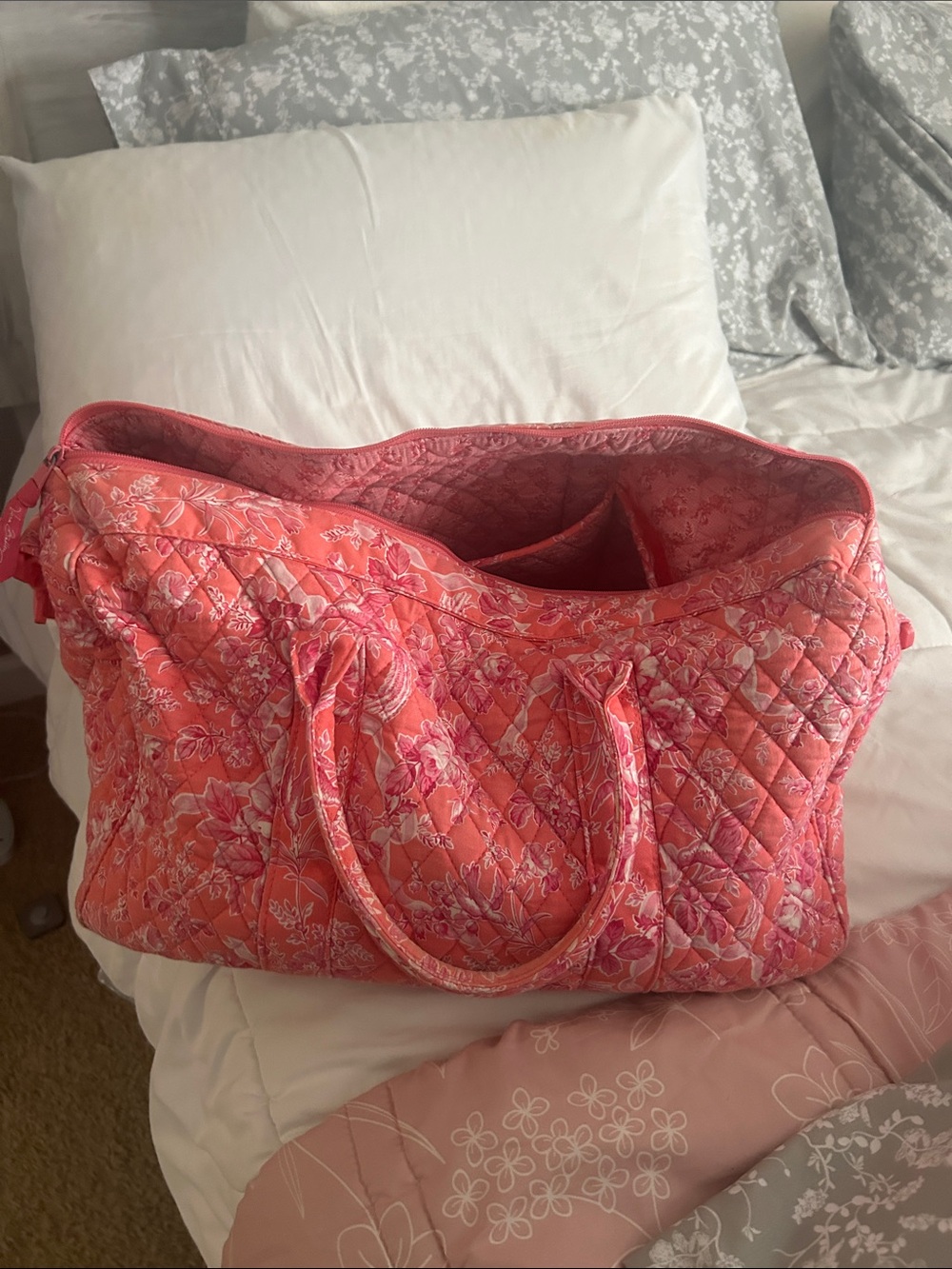 Vera Bradley Coral-Pink Quilted Travel Tote with Floral Print